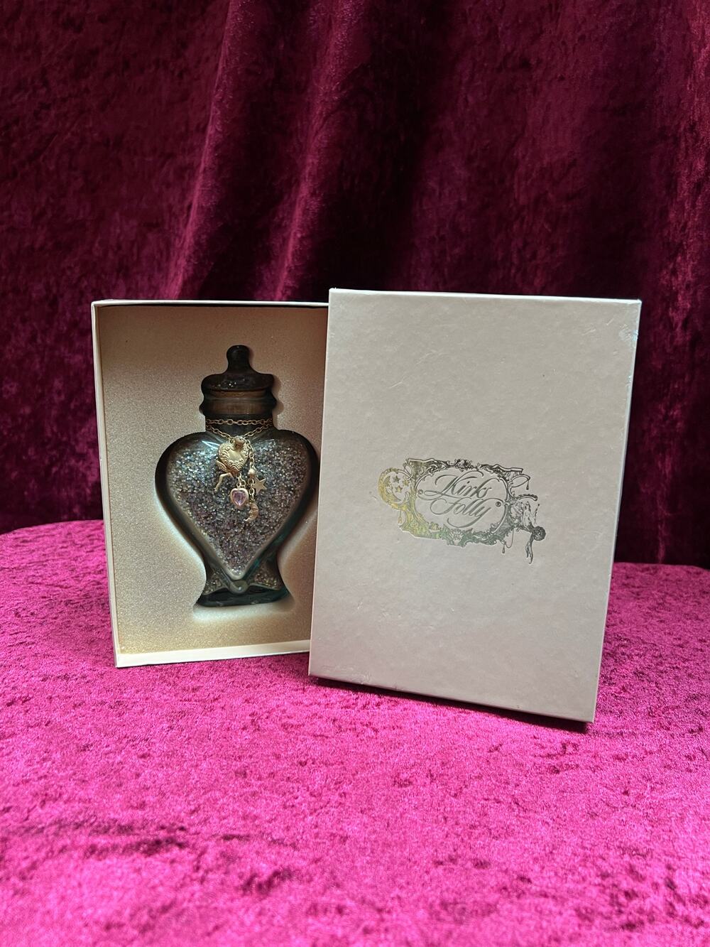 VTG Kirks Folly Glass Follydust Glitter Heart Jar Celestial Charm Original Box